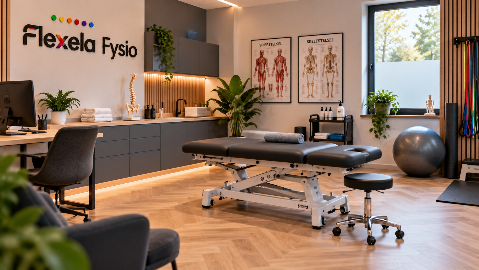 Behandelkamer van Flexela Fysio met behandelbank en anatomische wandplaten