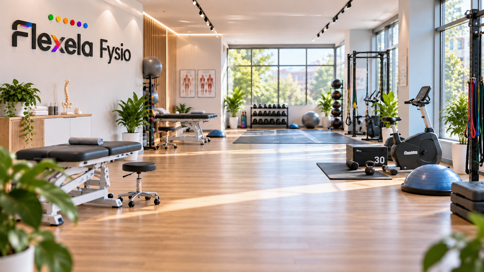 Lichte oefenruimte van Flexela Fysio met behandelbanken en trainingsapparatuur