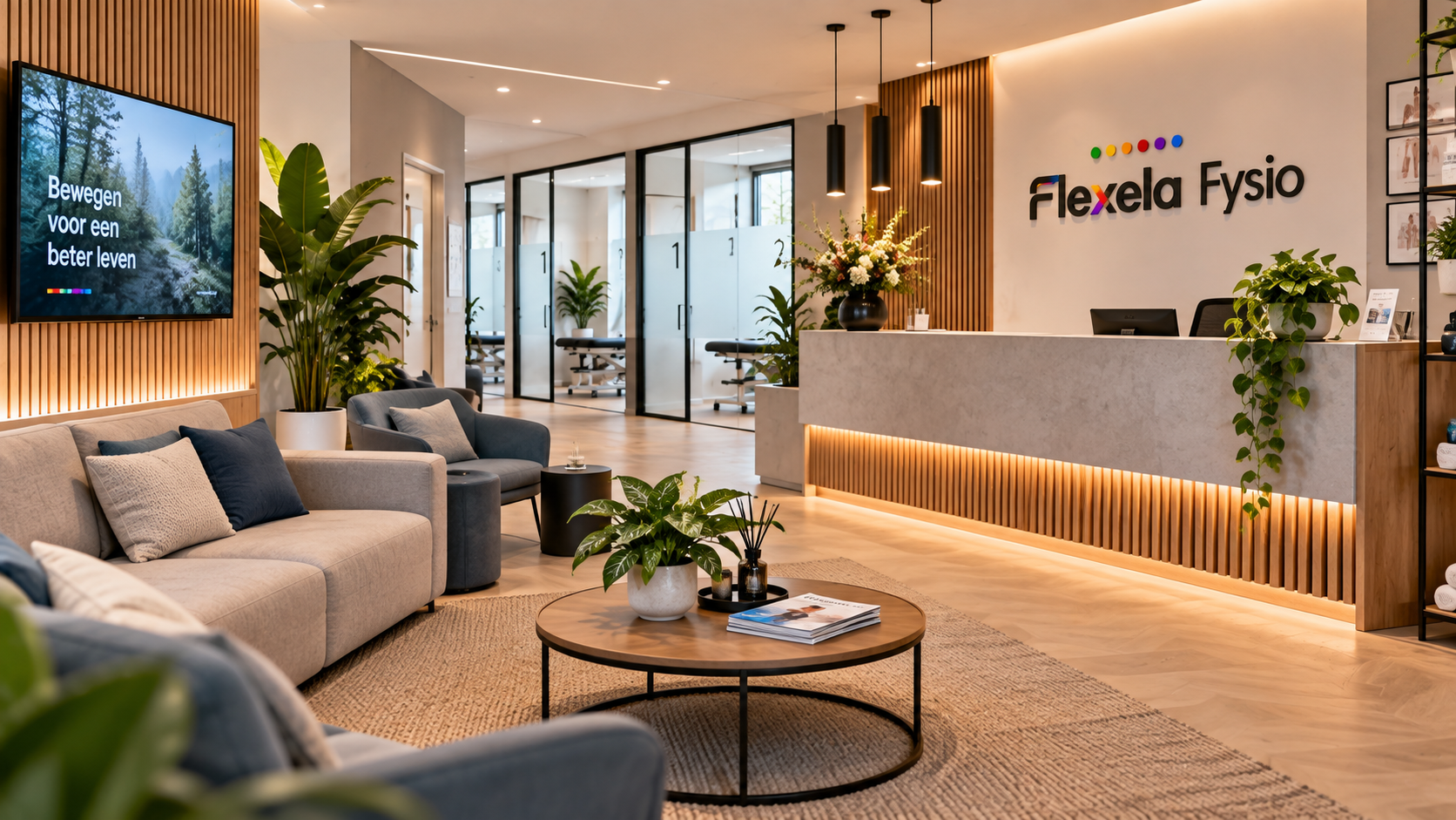 Warme ontvangstruimte van Flexela Fysio met receptie en zitplaatsen